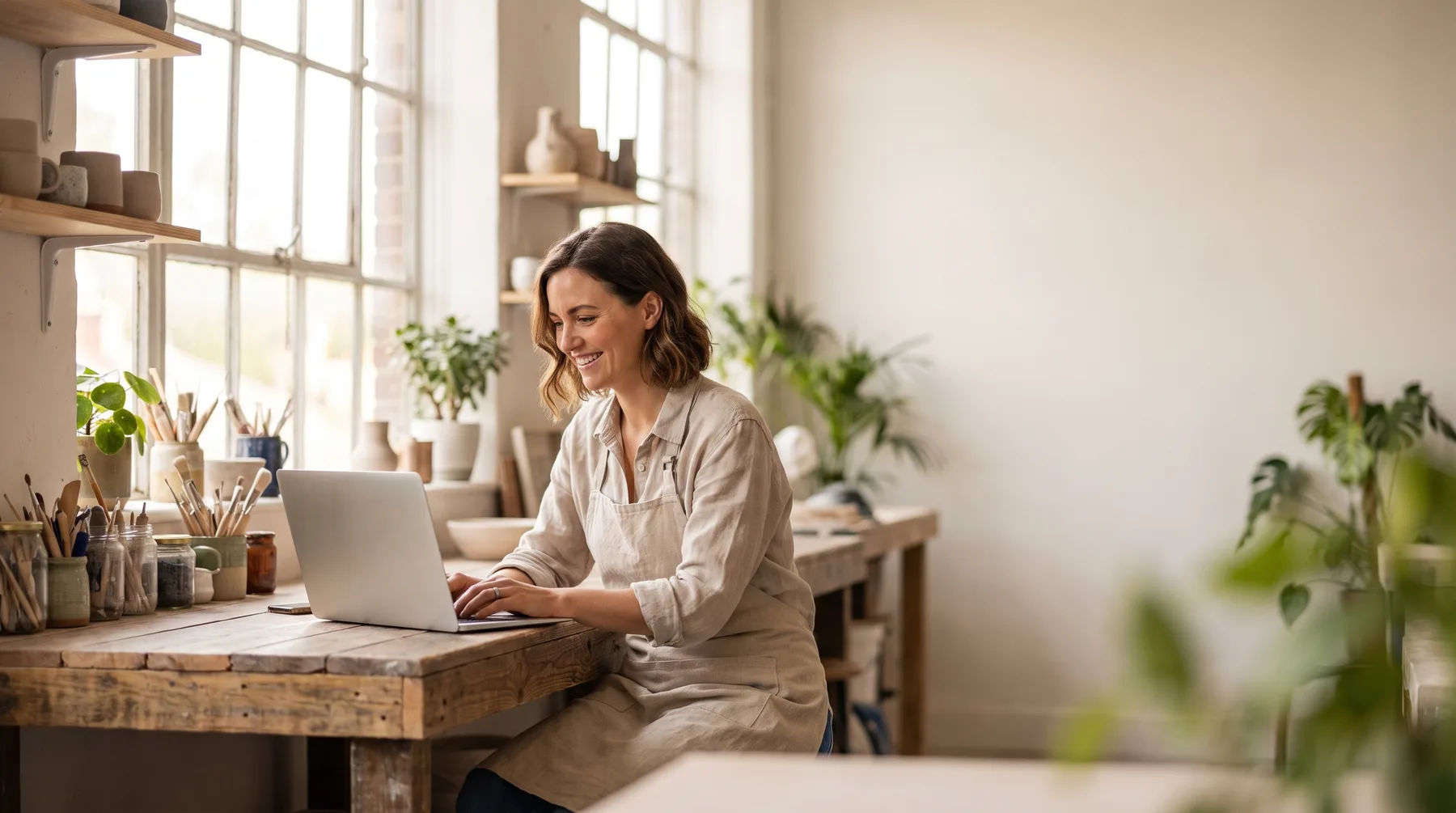 An independent business owner managing her bookings on a laptop in her workshop